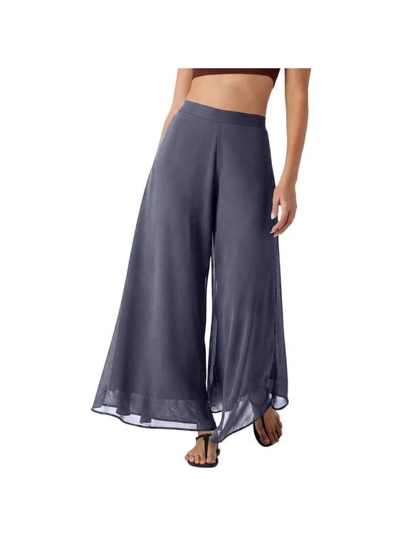 Palazzo Pants for Women Elastic Waist Flowy Chiffon Dress Pants Summer Travel Beach Flowy Wide Leg Lounge Pant Gray M