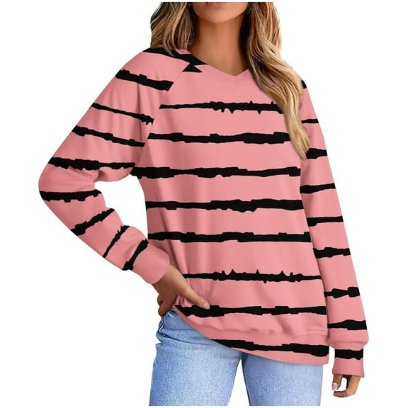 Fesfesfes Women's Block Color Patchwork Blouses Fashionable Long Sleeved V-Neck Pullover Tops with Comfort Ideal for Daily Wear Office(Pink#1,S)