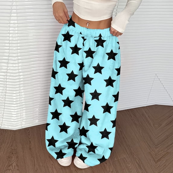 Palazzo Pants for Women Fuzzy Wide Leg Fleece Lounge Pants Loose Fit Star Print Pajama Pants 2025 Fashion Fall Winter Elastic Waist Sweatpants Cyan S