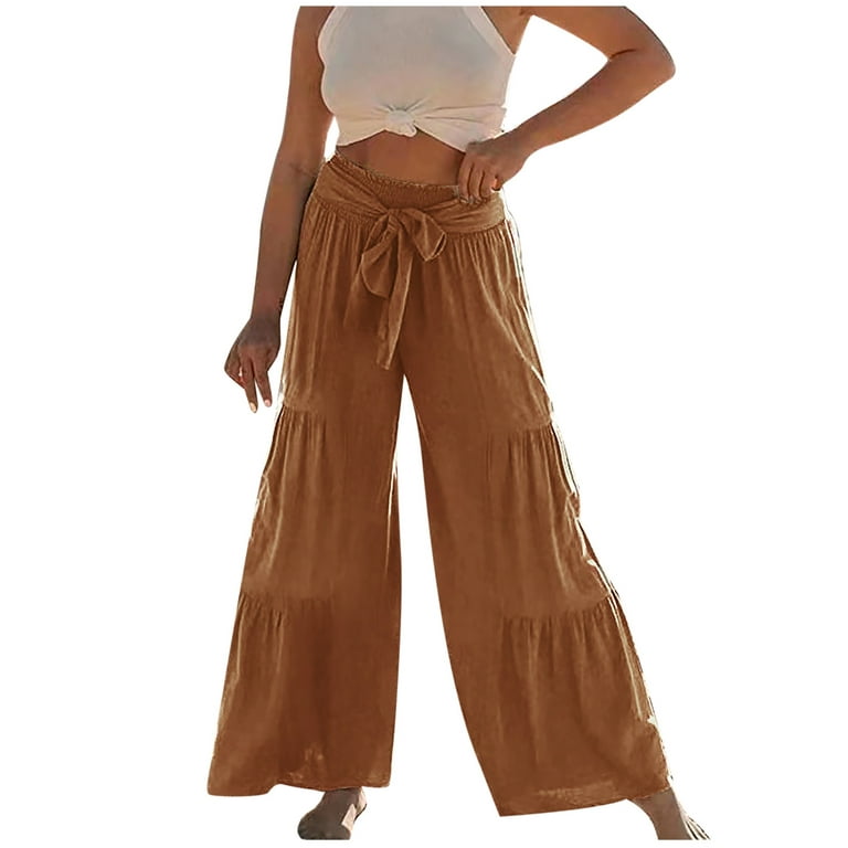 Palazzo Pants for Women High Waisted Tie Front Solid Color Ruffle Wide Leg  Pants Casual Baggy Flowy Lounge Trousers Ladies Clothes 