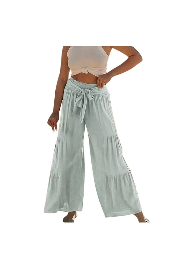 Palazzo Pants for Women High Waisted Tie Front Solid Color Ruffle Wide Leg Pants Casual Baggy Flowy Loungewear Trousers