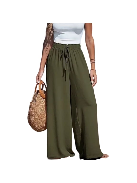 Palazzo Pants for Women High Waisted Wide Leg Pants Elastic Drawstring Waist Casaul Flowy Pant Army Green XL