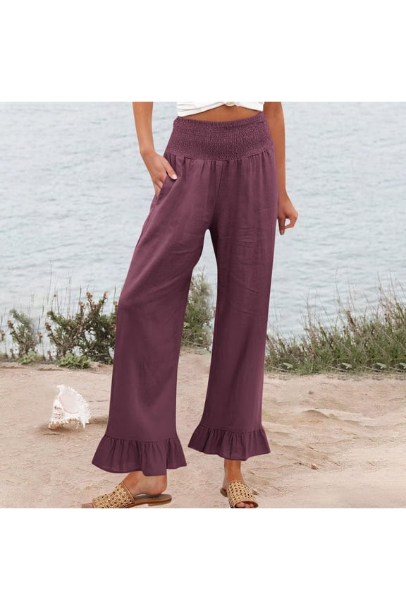 Palazzo Pants for Women Linen Smocked Elastic Waist Ruffle Wide Leg Pants Summer Beach Flowy Boho Pant with Pockets Purple 2XL
