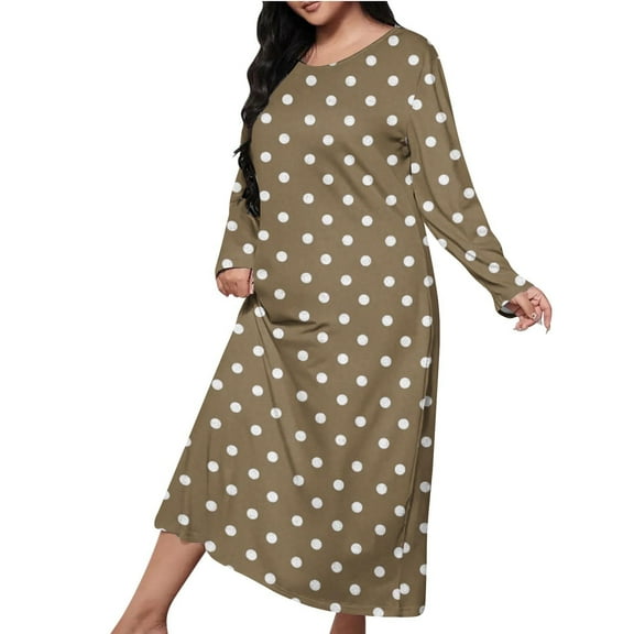 Fesfesfes Women's Points Printed Dress Fall Comfortable Oversize Leisure Long Sleeve Crew Neck Outfits Loose Breathable Home Wear Pajamas(Coffee,L)