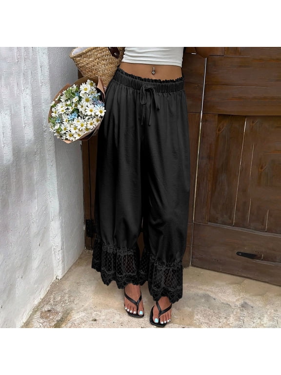 Palazzo Pants for Women Ruffle Lace Pants Boho Long Bloomers Vintage Pantaloons Summer Beach Travel Vacation Pants Trousers Black L