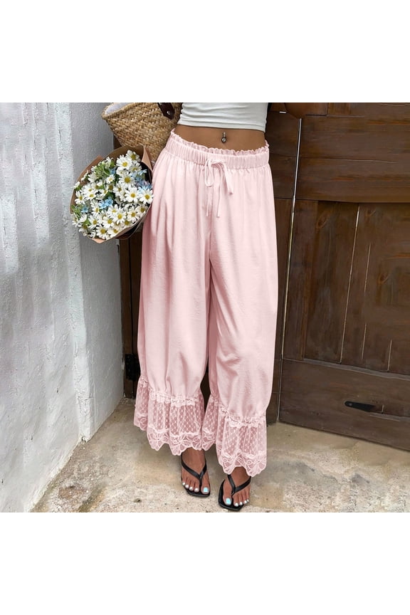 Palazzo Pants for Women Ruffle Lace Pants Boho Long Bloomers Vintage Pantaloons Summer Beach Travel Vacation Pants Trousers Pink 2XL
