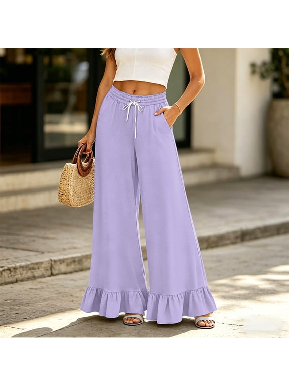 Palazzo Pants for Women Ruffle Petite Wide Leg Gaucho Pants Casual Flared Drawstring 2026 Fashion Flowy Beach Pull On Trousers with Pockets Purple XL