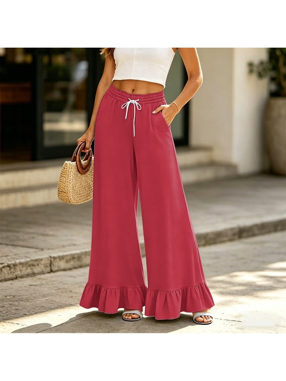 Palazzo Pants for Women Ruffle Petite Wide Leg Gaucho Pants Casual Flared Drawstring 2026 Fashion Flowy Beach Pull On Trousers with Pockets Red 2XL