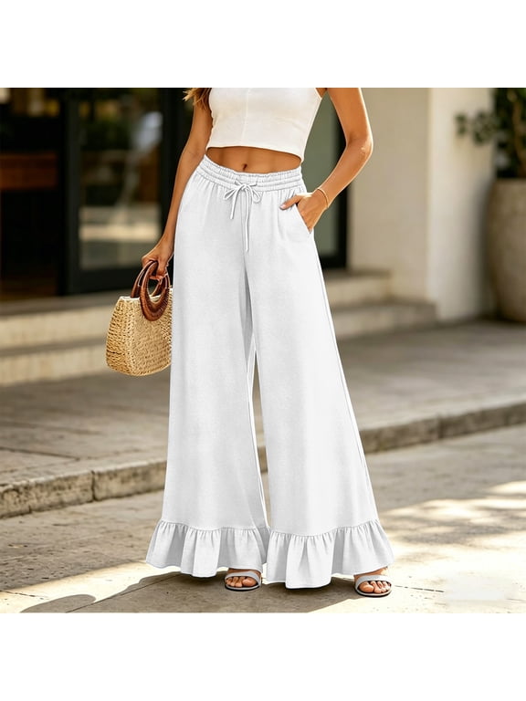 Palazzo Pants for Women Ruffle Petite Wide Leg Gaucho Pants Casual Flared Drawstring 2026 Fashion Flowy Beach Pull On Trousers with Pockets White XL