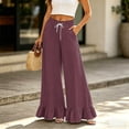 thumbnail image 1 of Palazzo Pants for Women Ruffle Petite Wide Leg Gaucho Pants Casual Flared Drawstring 2026 Fashion Flowy Beach Pull On Trousers with Pockets Wine M, 1 of 6
