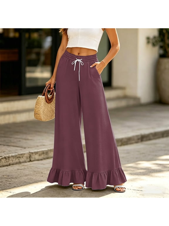 Palazzo Pants for Women Ruffle Petite Wide Leg Gaucho Pants Casual Flared Drawstring 2026 Fashion Flowy Beach Pull On Trousers with Pockets Wine S