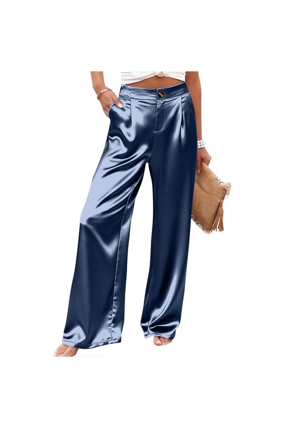 Palazzo Pants for Women Satin Wide Leg Plicated Silky Pull on Party Dress Casual Pant Trouser Dark Blue S