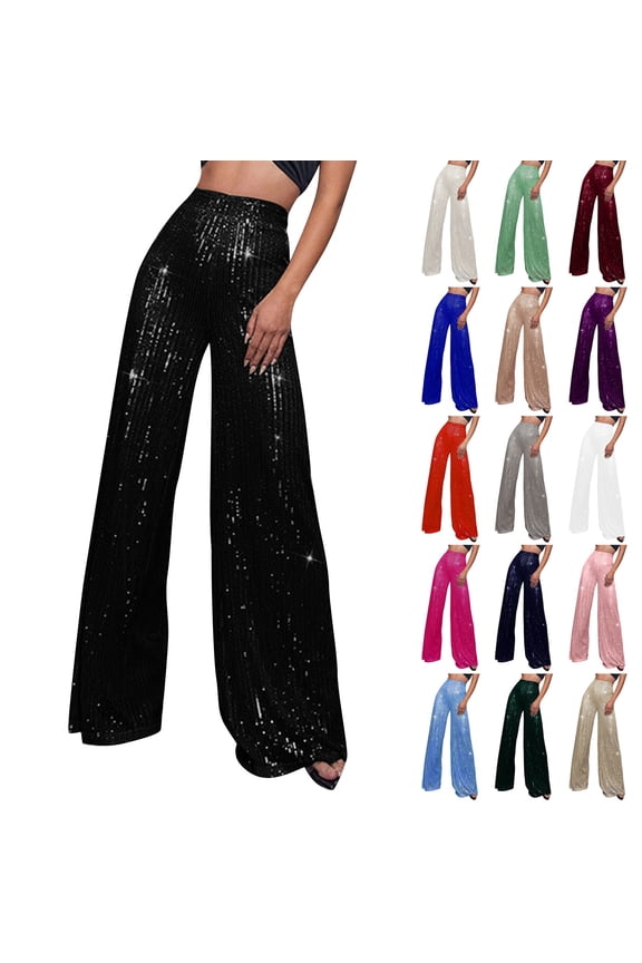 Palazzo Pants for Women Sequin Glitter High Waist Wide Leg Pants Sparkly Party Evening Wear Trousers Blue S