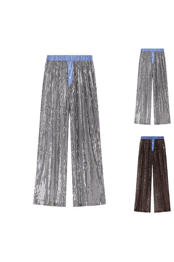 Palazzo Pants for Women Sequin Wide Leg Pants High Waisted Sparkly Trousers Party Night Clubwear Glitter Lounge Pants Loose Casual
