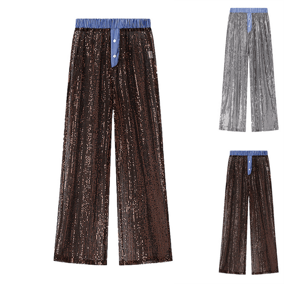 Palazzo Pants for Women Sequin Wide Leg Pants High Waisted Sparkly Trousers Party Night Clubwear Glitter Lounge Pants Loose Casual
