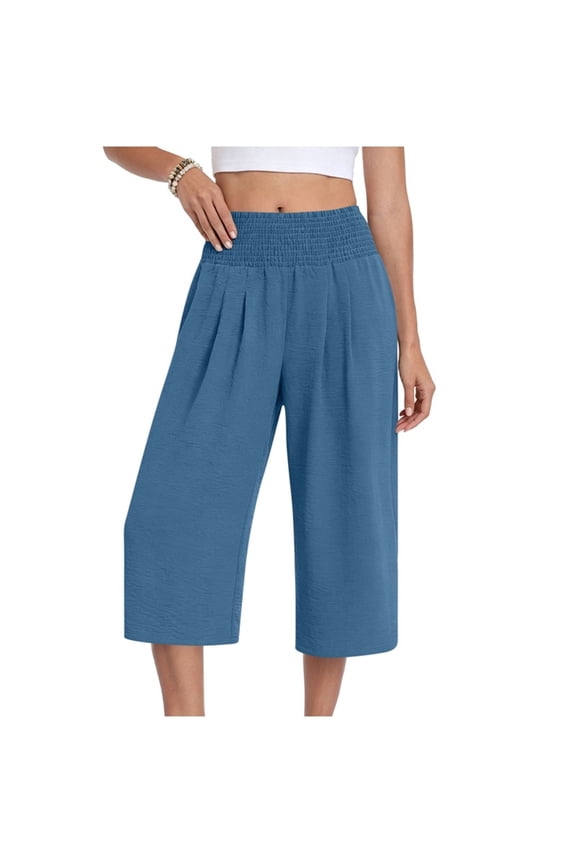Palazzo Pants for Women Smocked High Waist Wide Leg Capris Baggy Lightweight Casual Lounge Going Out Bottoms Blue S