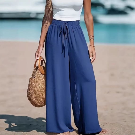 Palazzo Pants for Women Smocked Waist Boho Western Flowy Wide Leg Pant Blue XL