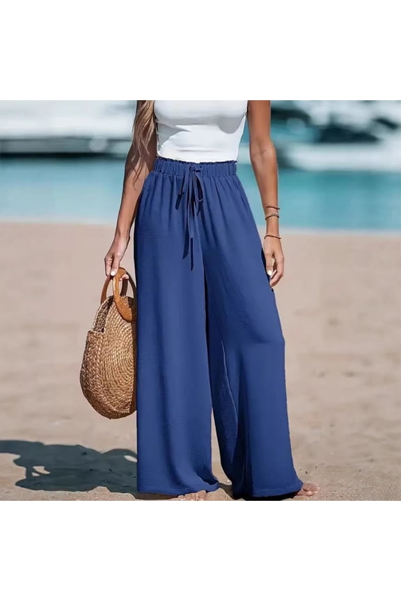 Palazzo Pants for Women Smocked Waist Boho Western Flowy Wide Leg Pant Blue XL