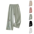 thumbnail image 1 of Palazzo Pants for Women Spring Summer Cotton Linen Floral Embroidery Elastic Waist Wide Leg Flowy Beach Pants with Pockets, 1 of 4