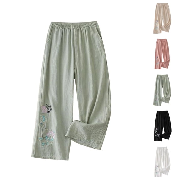 Palazzo Pants for Women Spring Summer Cotton Linen Floral Embroidery Elastic Waist Wide Leg Flowy Beach Pants with Pockets