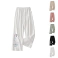 thumbnail image 1 of Palazzo Pants for Women Spring Summer Cotton Linen Floral Embroidery Elastic Waist Wide Leg Flowy Beach Pants with Pockets, 1 of 4