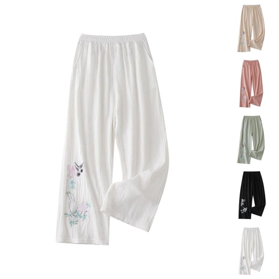 Palazzo Pants for Women Spring Summer Cotton Linen Floral Embroidery Elastic Waist Wide Leg Flowy Beach Pants with Pockets