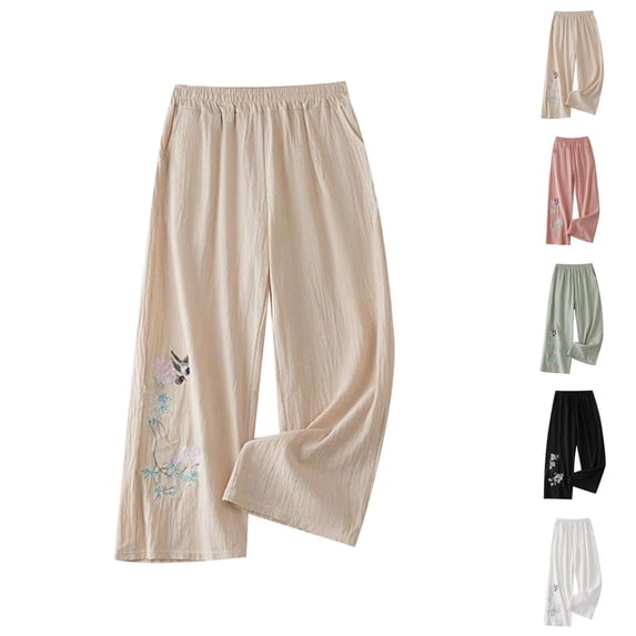 Palazzo Pants for Women Spring Summer Cotton Linen Floral Embroidery Elastic Waist Wide Leg Flowy Beach Pants with Pockets