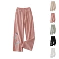 thumbnail image 1 of Palazzo Pants for Women Spring Summer Cotton Linen Floral Embroidery Elastic Waist Wide Leg Flowy Beach Pants with Pockets, 1 of 4