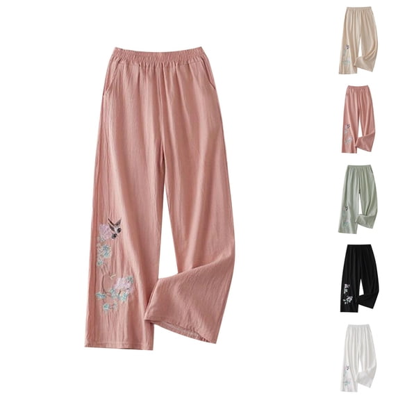 Palazzo Pants for Women Spring Summer Cotton Linen Floral Embroidery Elastic Waist Wide Leg Flowy Beach Pants with Pockets