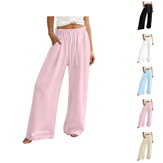 Palazzo Pants for Women Spring Summer Elastic High Waist Wide Leg Loose Fit Lightweight Flowy Beach Pants with Pockets