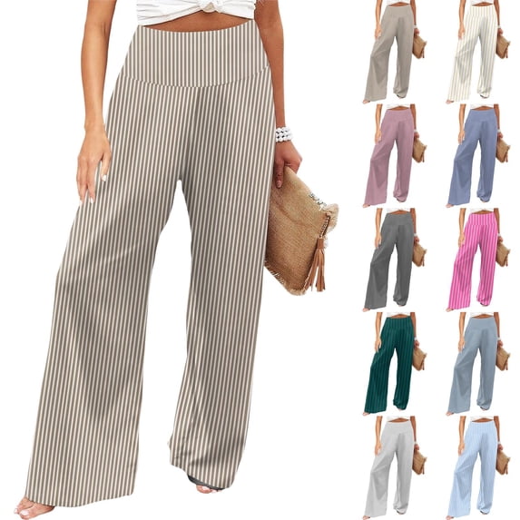 Palazzo Pants for Women Striped Casual High Waisted Wide Leg Trousers Elastic Waist Stylish Long Beach Travel Pants for Daily Wear