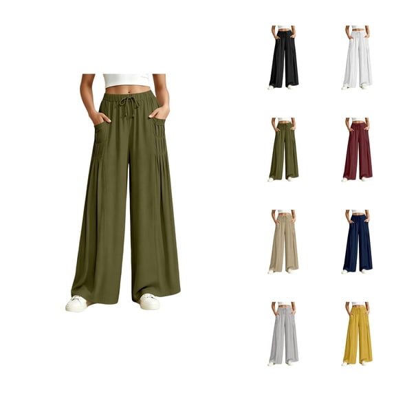 Palazzo Pants for Women Summer Elastic High Waist Loose Casual Wide Leg Flowy Pants Boho Trousers with Pockets