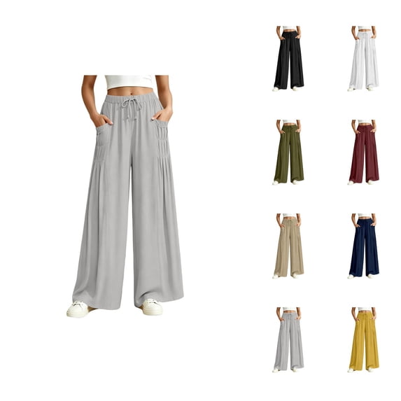 Palazzo Pants for Women Summer Elastic High Waist Loose Casual Wide Leg Flowy Pants Boho Trousers with Pockets