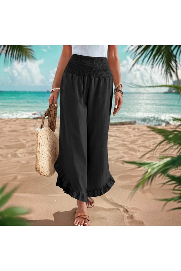 Palazzo Pants for Women Summer Linen Beach Wide Leg Smocked Waist Pant Ruffle Hem Flowy Vacation Clothes, Limited Time