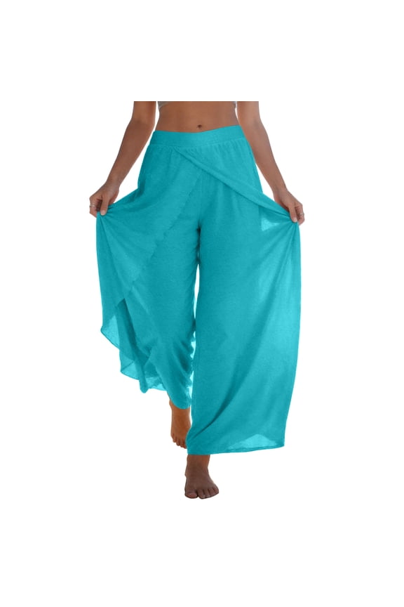 Palazzo Pants for Women Summer Wide Leg Pants Flowy Hippie Wrap Double Layered Side Slit Elastic Waist Trousers Blue 2XL