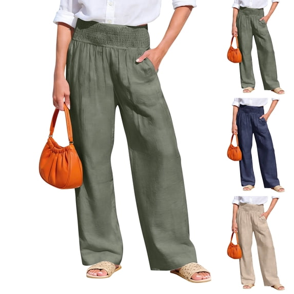 Palazzo Pants for Women Wide Leg High Waist Boho Casual Flowy Lounge Pants with Pockets Travel Beach Vacation Outfits, #01 Army Green, L