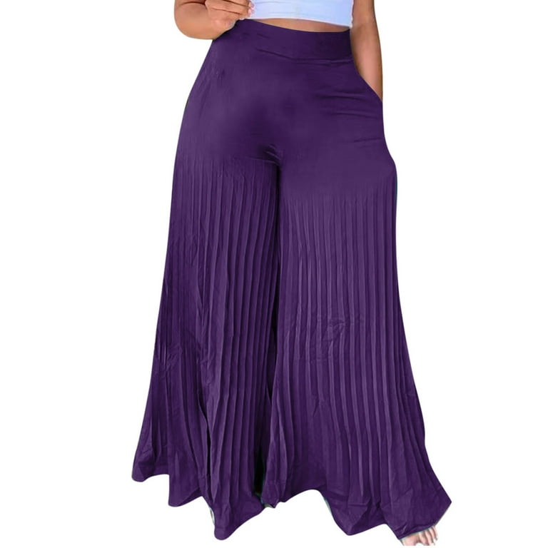 Palazzo Pants for Women Wide Leg High Waist Loose Fit Trousers Casual Flowy  Ruffle Dress Pants with Pockets (Medium, Purple) 