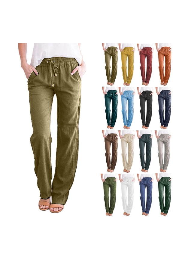 Linen Pants Women Wide Leg Womens Casual Cotton Linen Pants Lightweight Summer Relax Fit Elastic Waist Plus Size Solid Lounge Long Trousers