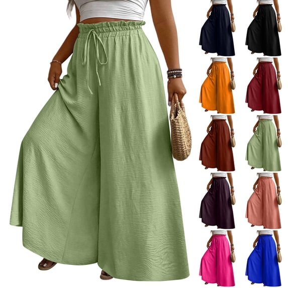 Palazzo Wide Leg Pants Woman Flowy High Waisted Pants 2026 Elastic Waist Drawstring Trousers Summer Plus Size Outfits Light Green XL