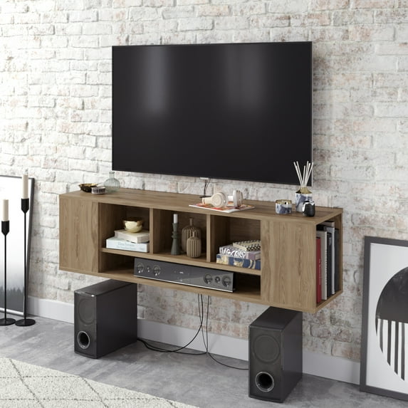 Paldi Modern Open Shelves Floating TV Stand up to 61" TVs, Oud Oak Veneer