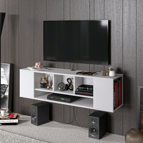 Paldi Modern Open Shelves Floating TV Stand up to 61" TVs, White Veneer