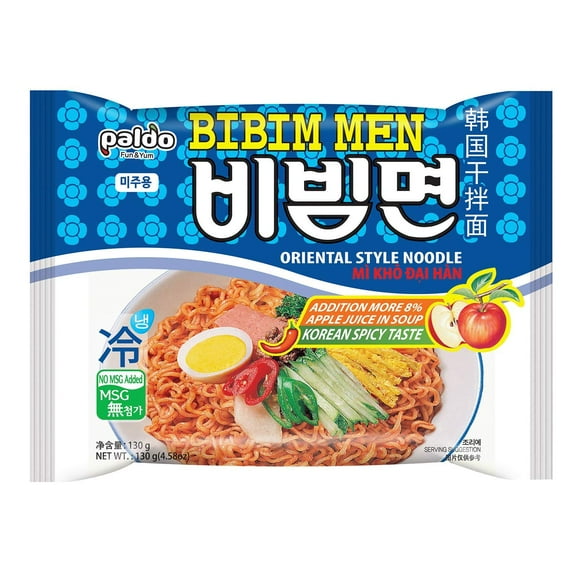 Paldo Fun & Yum Bibim Men Instant Cold Noodles, Brothless Cold Ramen with Sweet & Spicy Seasoning Sauce, Best Oriental Style Korean Ramyun, Soupless K-Food, 130g x 5 Pack
