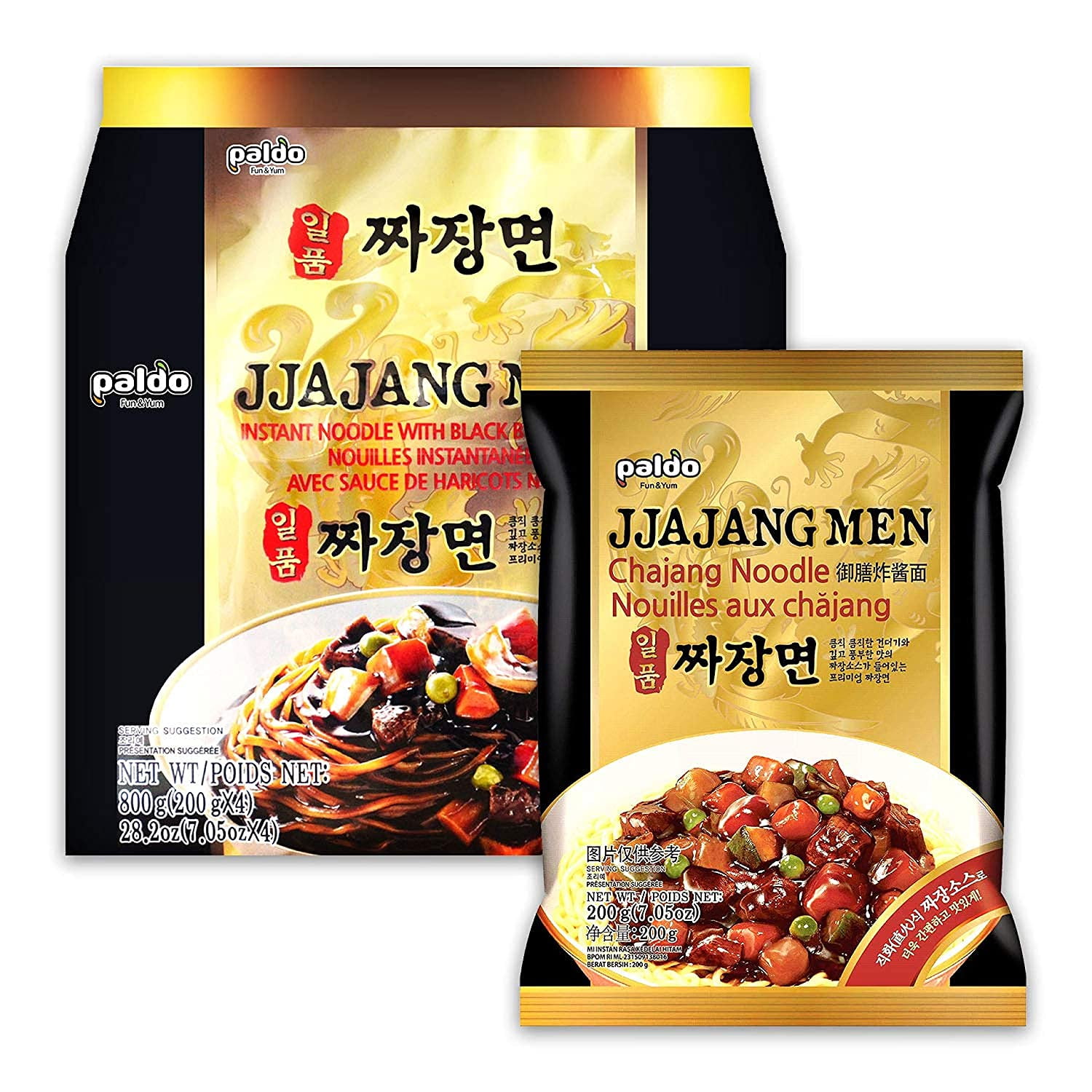 Paldo Fun & Yum Ilpoom Jjajangmen Noodles, Pack of 8, Traditional Brothless Chajang Ramen with Savory & Sweet Black Bean Sauce, Best Oriental Style Korean Ramyun, Soupless K-Food, 일품 짜장면 200g x 8