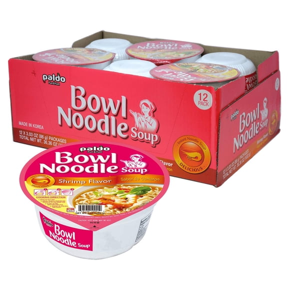 Paldo Fun & Yum Instant Cup Noodle Soup Bowl with Seafood Shrimp Flavored Broth, Pack of 12, Best Oriental Style Korean Ramyun, Most Loved Korean Noodles, 팔도 새우 사발면 86g (3.03 oz) x 12