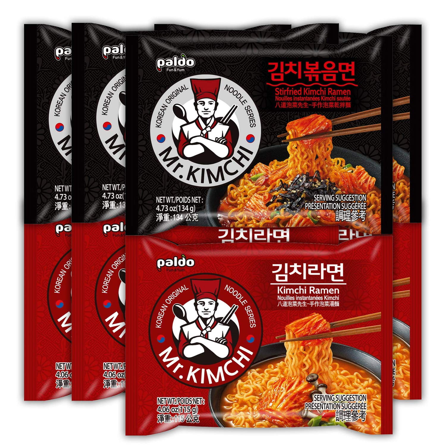 Paldo Mr. Kimchi Noodles Set, 4 Pack of Stir-Fried Instant Noodles & 4 Pack of Noodles with Kimchi Based Soup Spicy Ramen Challenge, 미스터 김치 김치볶음면 & 김치라면