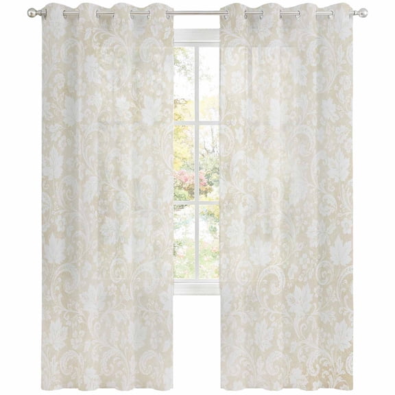 Pale Beige Flower Sheer Curtains 96 Inch Long 2 Panels, Vintage Cream Botanical Floral Leaf Scrolls Light Filtering Semi Sheer Drapes Grommet Voile Window Curtain for Living Bedroom W52 x L96
