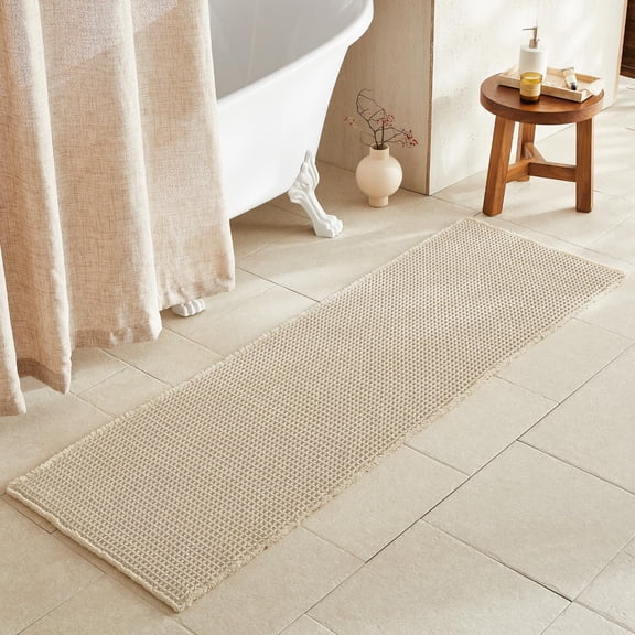 Pale Beige Long Bathroom Rug Waffle Runner Non Slip Washable Super Absorbent Quick Dry Boho Farmhouse Bath Mat 72''x24''