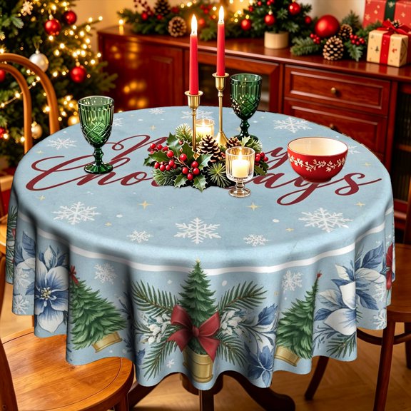 Pale Blue Base Cursive Merry Holidays Script Pine Tree Snowflake Polyester Round Tablecloth,35/50/60/70 inch,Dining Table Holiday Party Decor