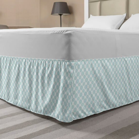 Pale Blue Bed Skirt, Elliptical Shapes with Star Like Inside Wavy Bold Chain Pattern, Elastic Bedskirt Dust Ruffle Wrap Around for Bedding Decor, 4 Sizes, Pale Blue White, by Ambesonne