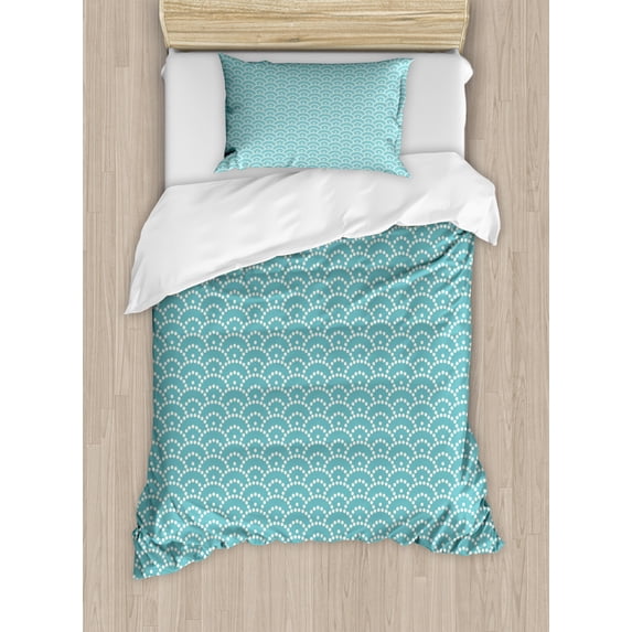 Pale Blue Duvet Cover Set, Abstract Little Bubbles Natural Scenery Japanese Style Vintage Art Design, Decorative 2 Piece Bedding Set with 1 Pillow Shams, Twin Size, Turquoise White, by Ambesonne